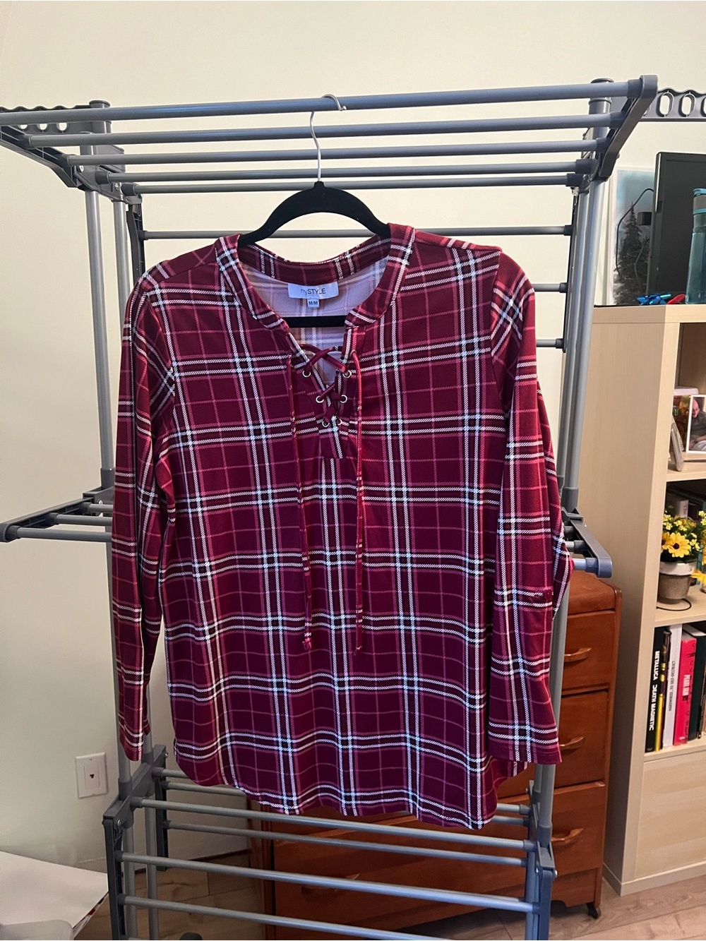 Women’s Plaid Lace-Up Blouse - Size M